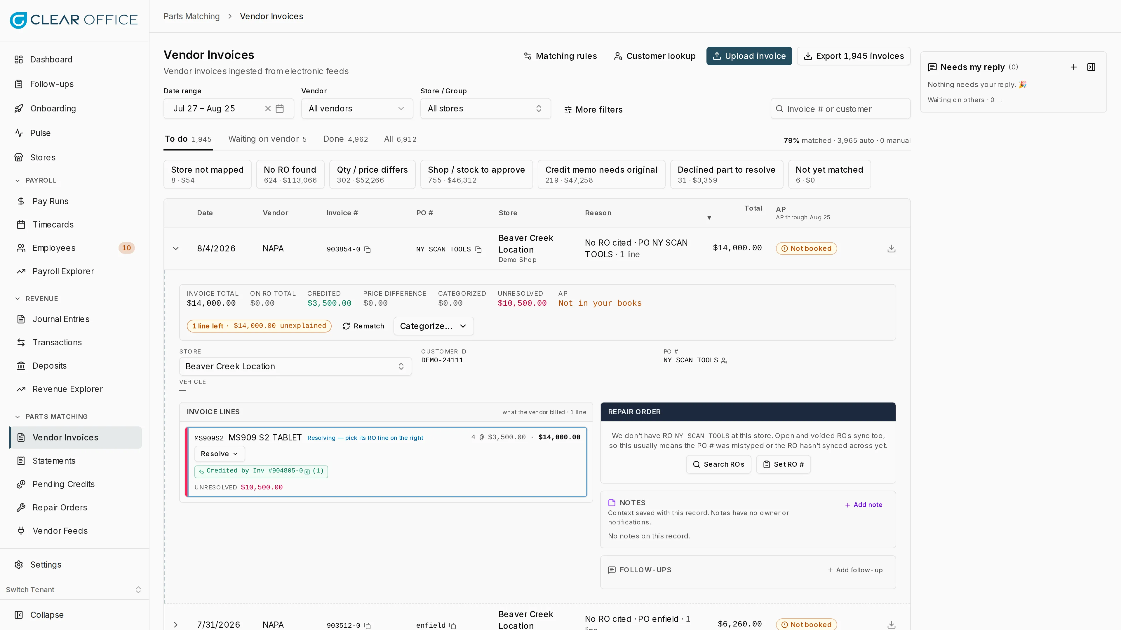 An expanded vendor invoice showing each line against the repair order, with unresolved amount and credits applied
