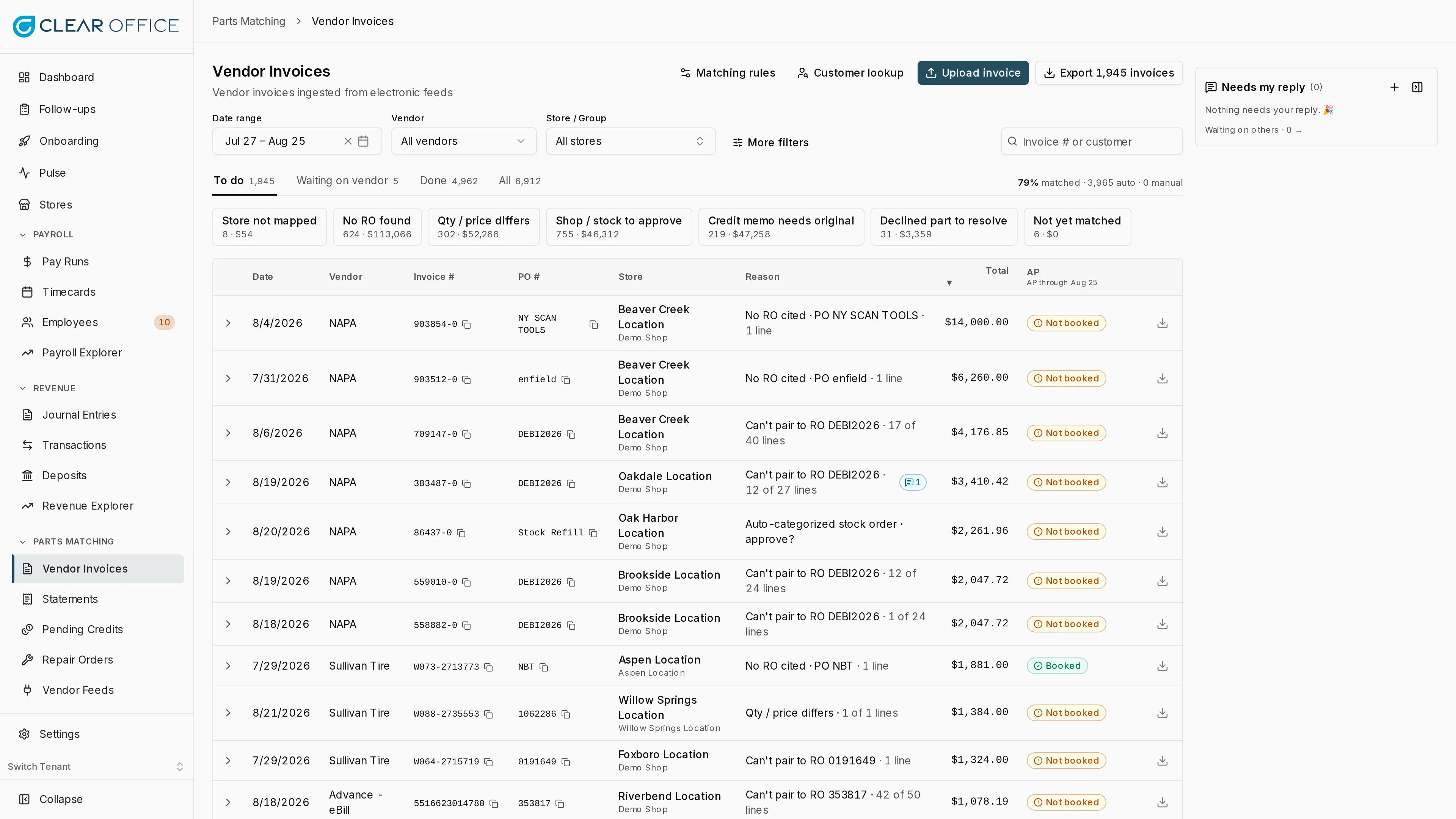 Vendor Invoices inbox with To do, Waiting on vendor, and Done lanes and exception chips