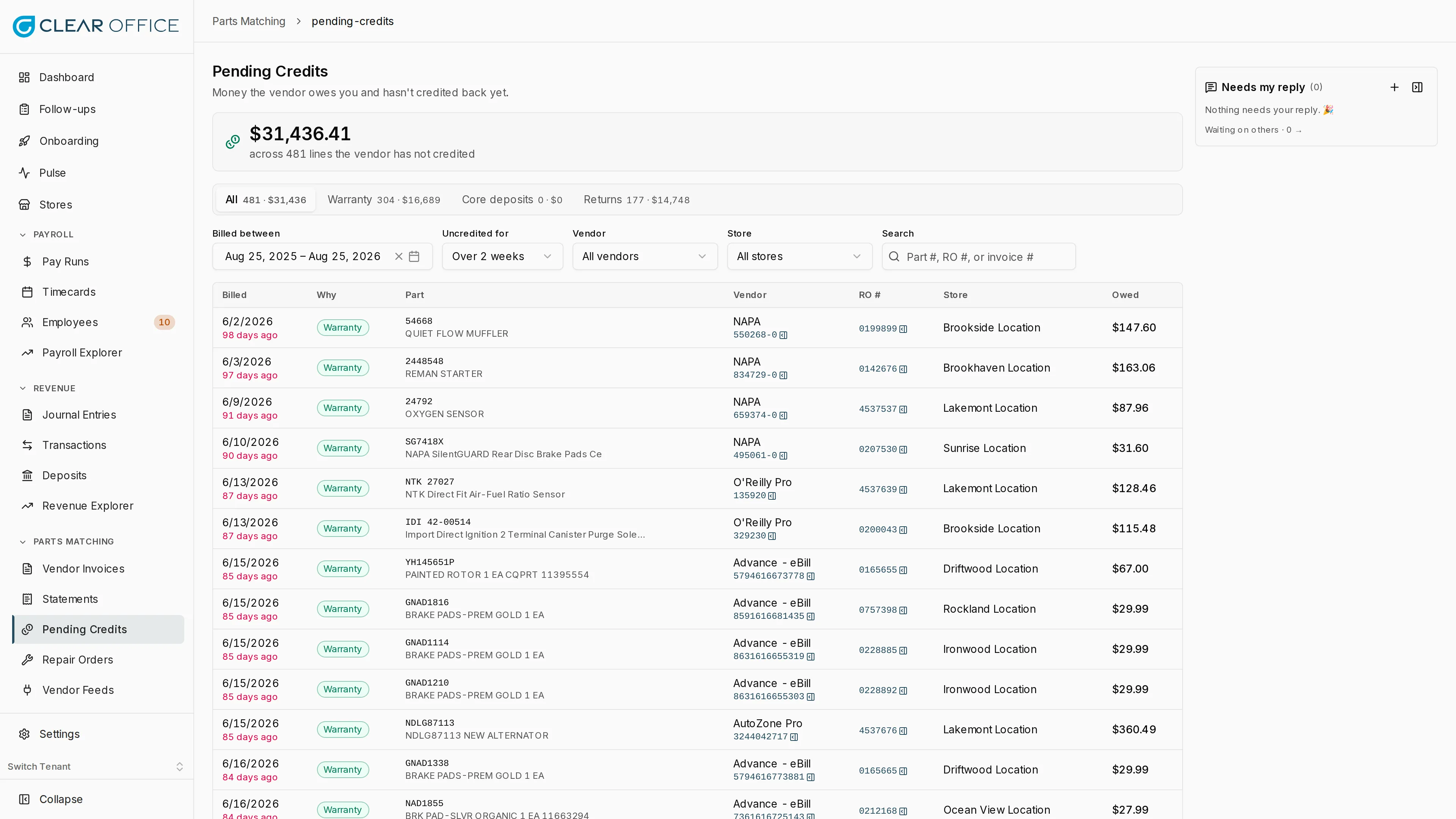 Pending credits list showing warranty, core, and return credits by age