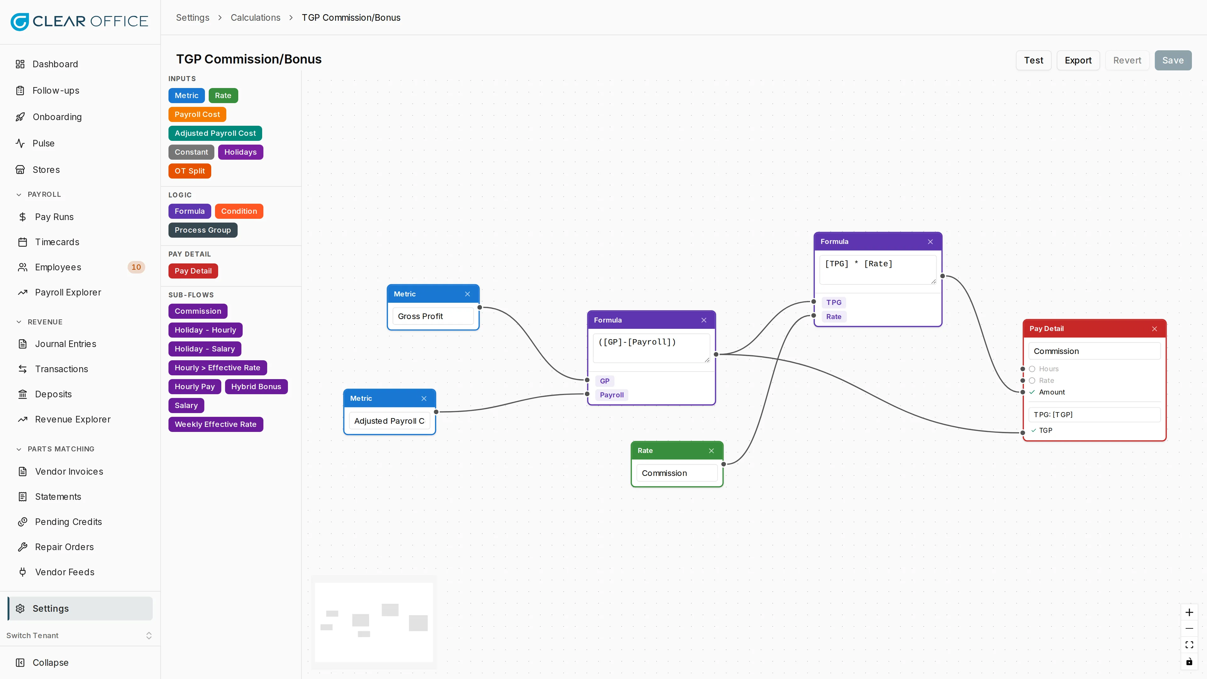 Visual commission formula builder with connected nodes for rate, metric, and pay detail