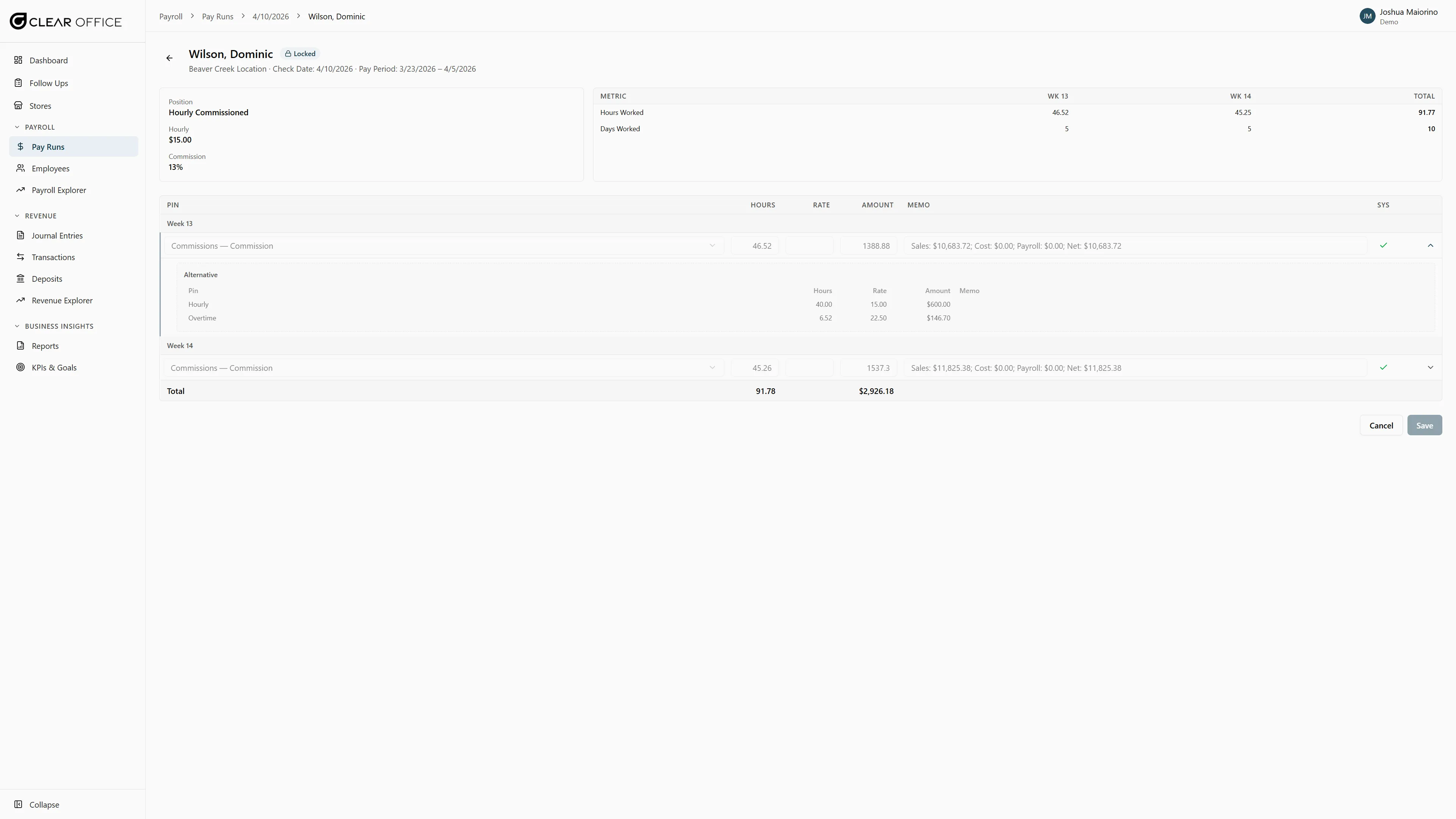 Employee pay check detail showing commissions, hours, and rates
