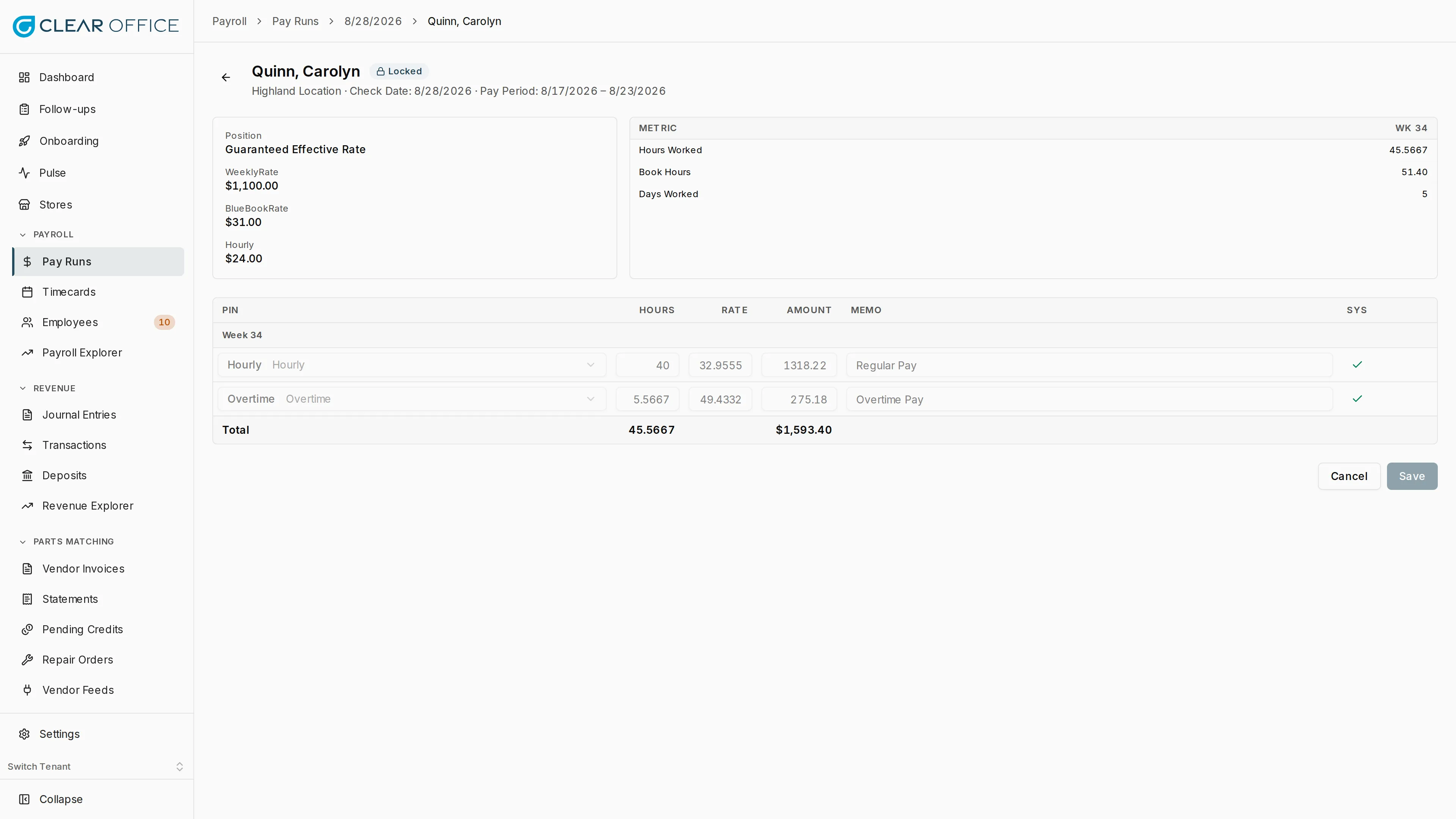 Employee pay check detail showing commissions, hours, and rates