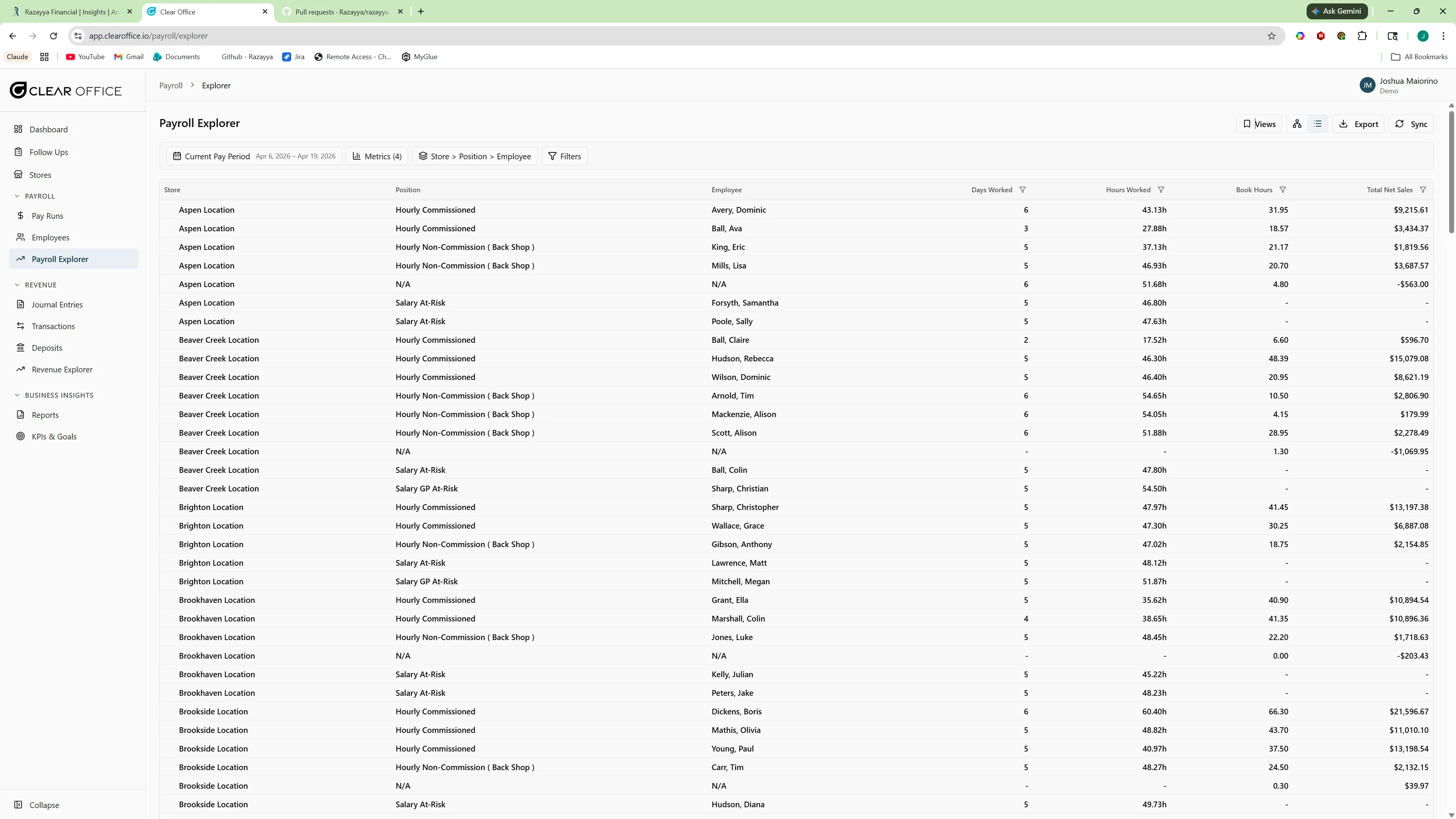 Payroll Explorer showing multi-location employee pay across stores