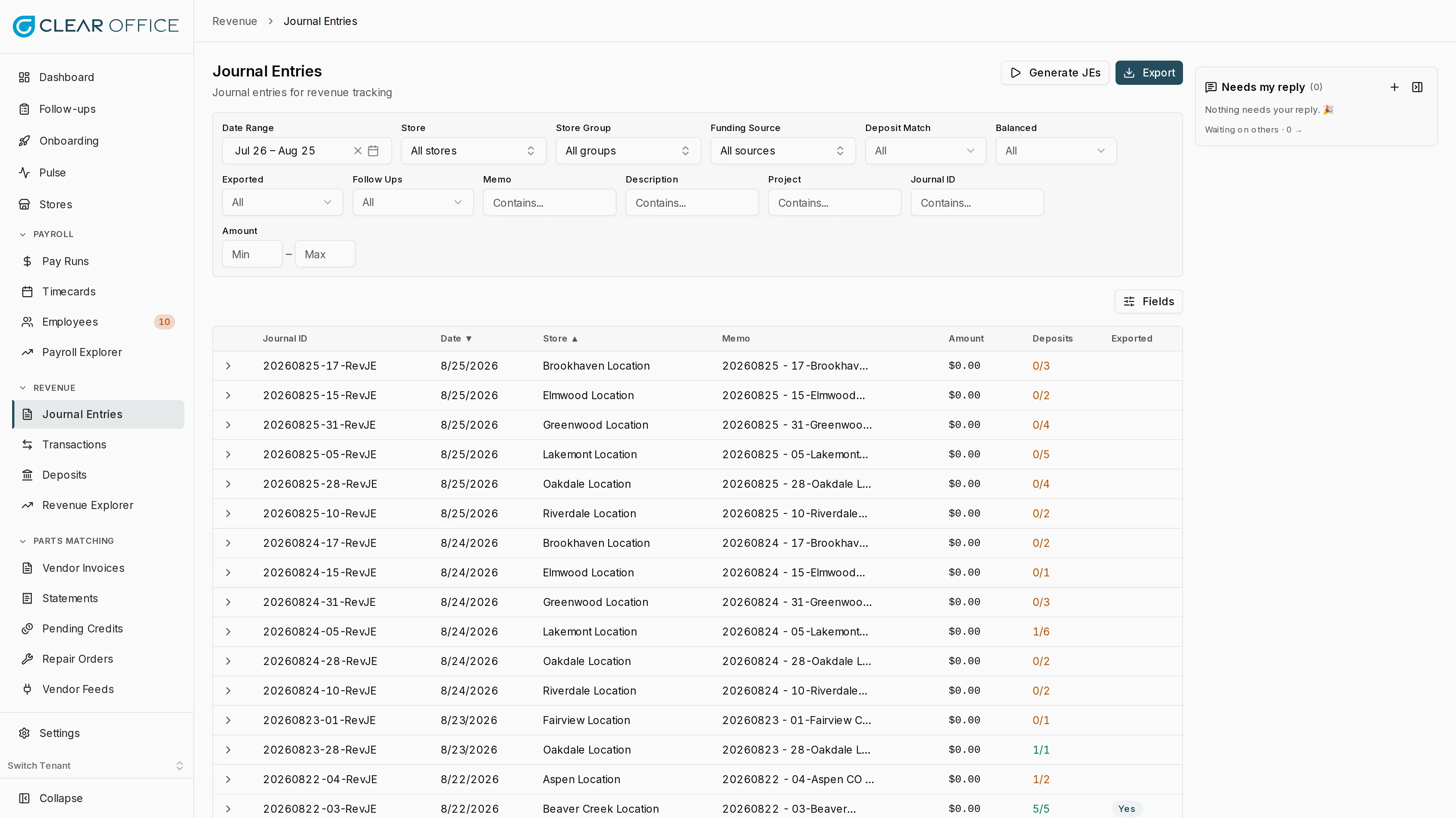 Journal entries list across multiple locations with reporting statuses