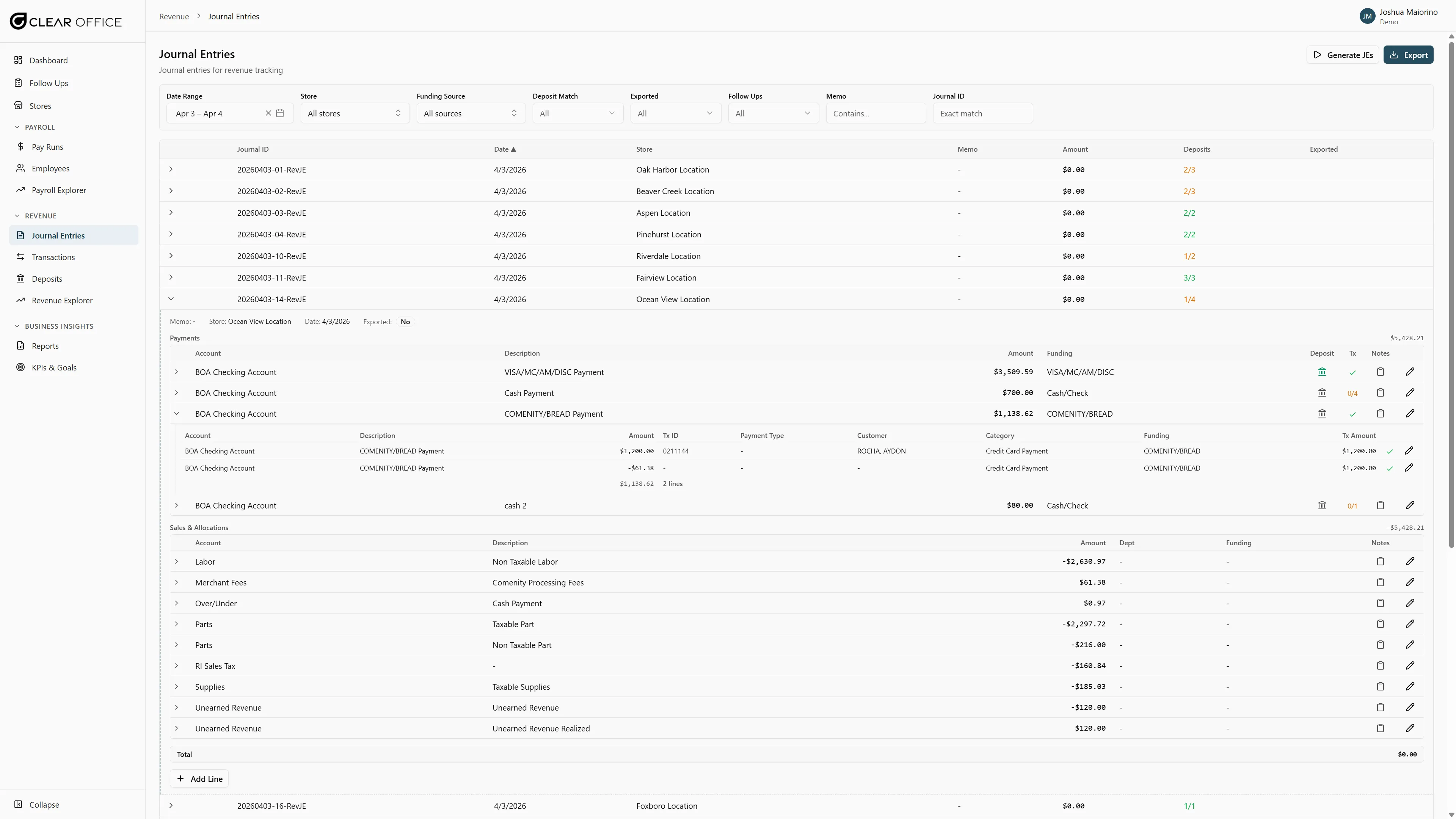 Journal entry detail with line items broken down by category