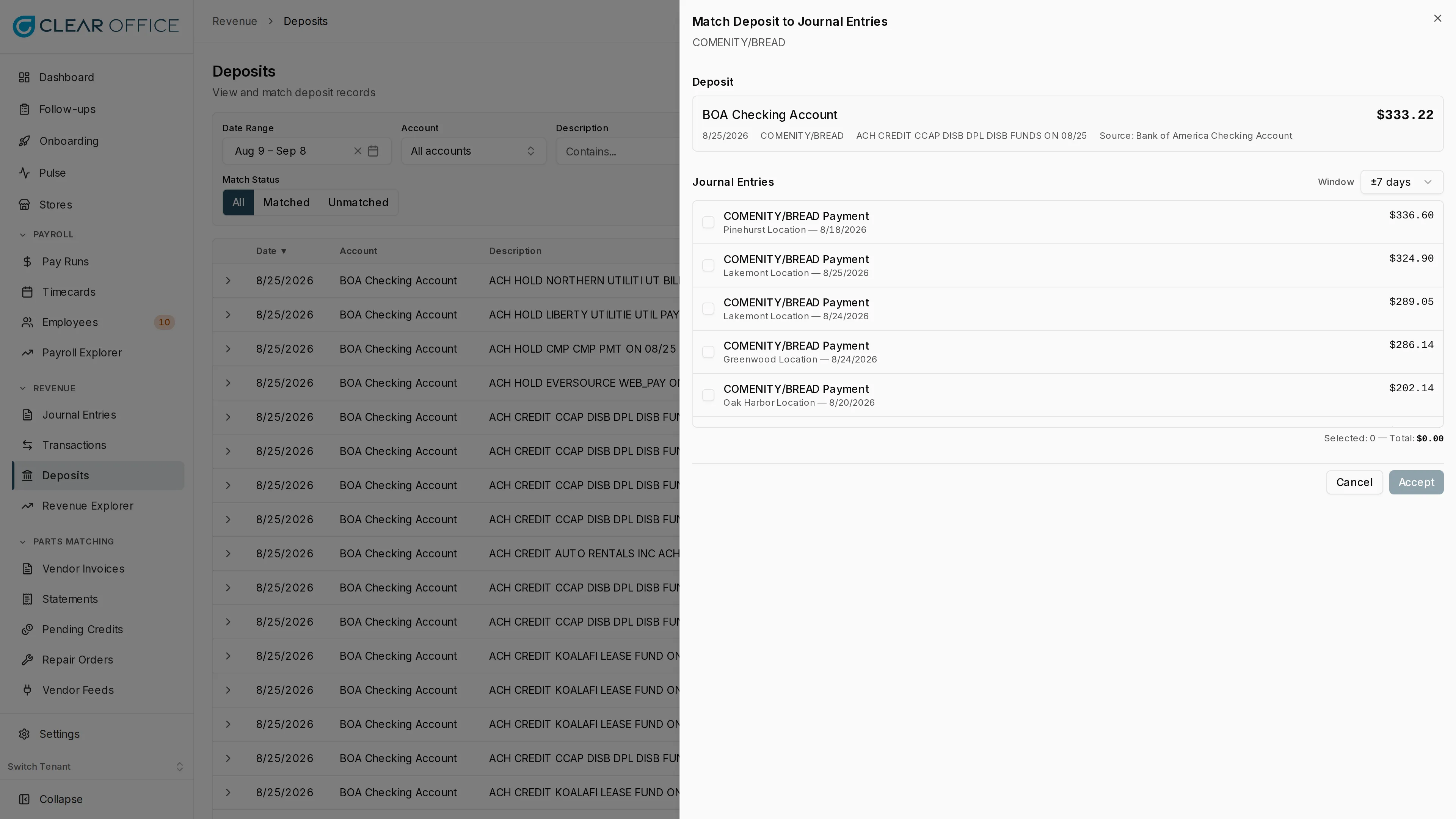 Transaction match dialog comparing selected and matched transactions with follow-up log