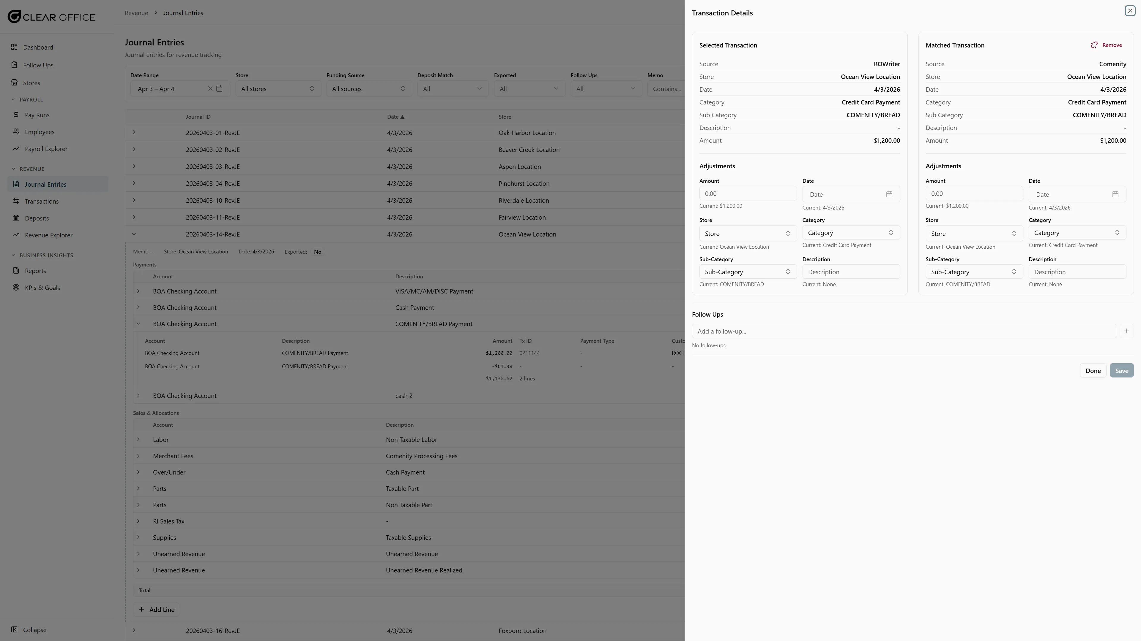 Transaction match dialog comparing selected and matched transactions with follow-up log